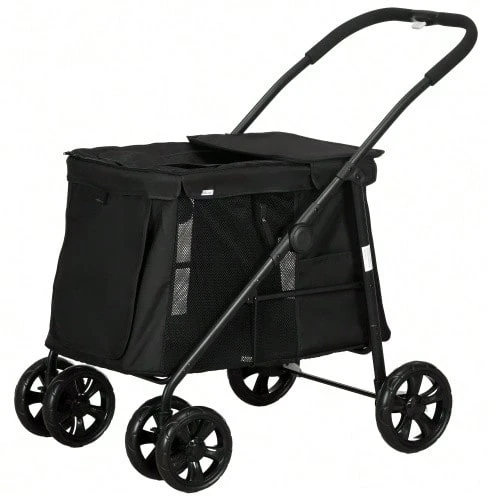 Foldable Dog Stroller/Buggy With Side Pockets And Mesh Windows For Small And Medium-Sized Dogs Up To 20 Kg, Oxford Fabric, Black - 黑色 - 查看 1