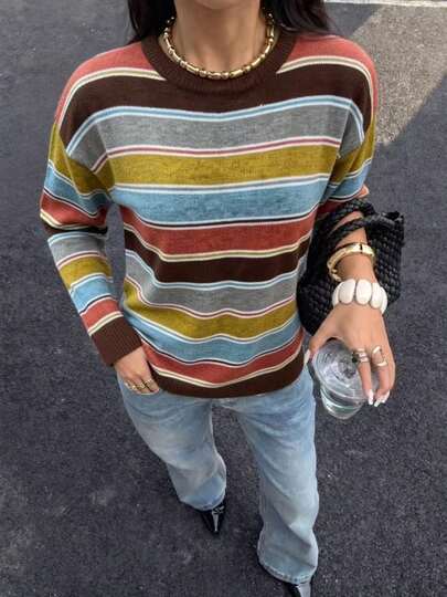 Vintage Multicolor Striped Crew Neck Knit Sweater, Loose Long Sleeve Retro Color Block Pullover, Y2K Casual Daily Streetwear Women Soft Knit Top Fall