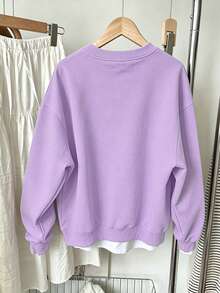 Sweet Korean Style Women's Round Neck Sweatshirt, Blue Rabbit & Heart Patch Embroidery, Soft Autumn/Winter Campus Top - Mauve Purple - View 2