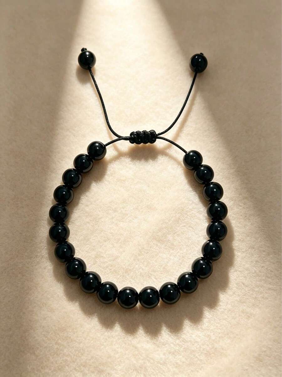 1pc Handmade Woven Bracelet, Suitable As A Mala Bead Bracelet For Men And Women As An Accessory. 8mm Handmade Adjustable Woven Bracelet, Couples And Friends Accessory, Suitable For Daily Gatherings And Parties. - Black - View 1