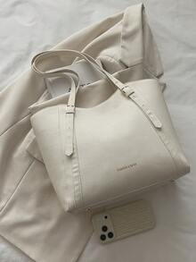 Fashionable New Solid Color Large Capacity Letter Label Design Shoulder Bag, Minimalist Practical Commuter Style Women's Bag - White - View 3
