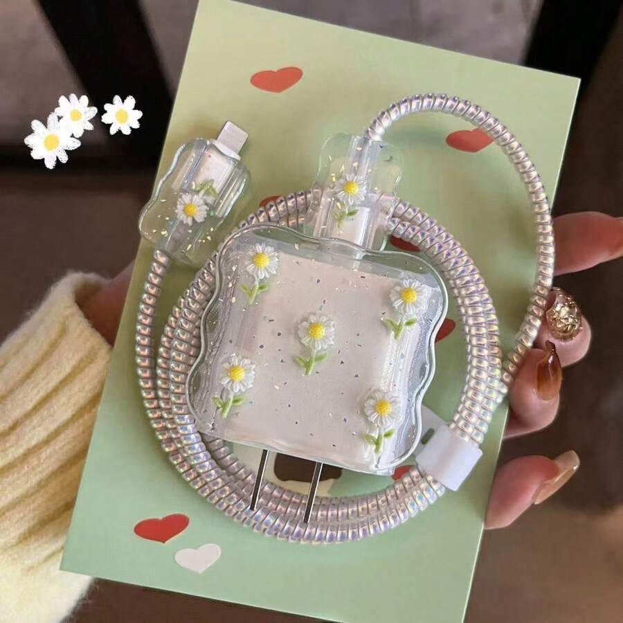 5入花朵/櫻桃數據線保護套 20W Apple 15 Pro Max 快充 14 13 12 11 軟殼充電器保護套，送友禮首選