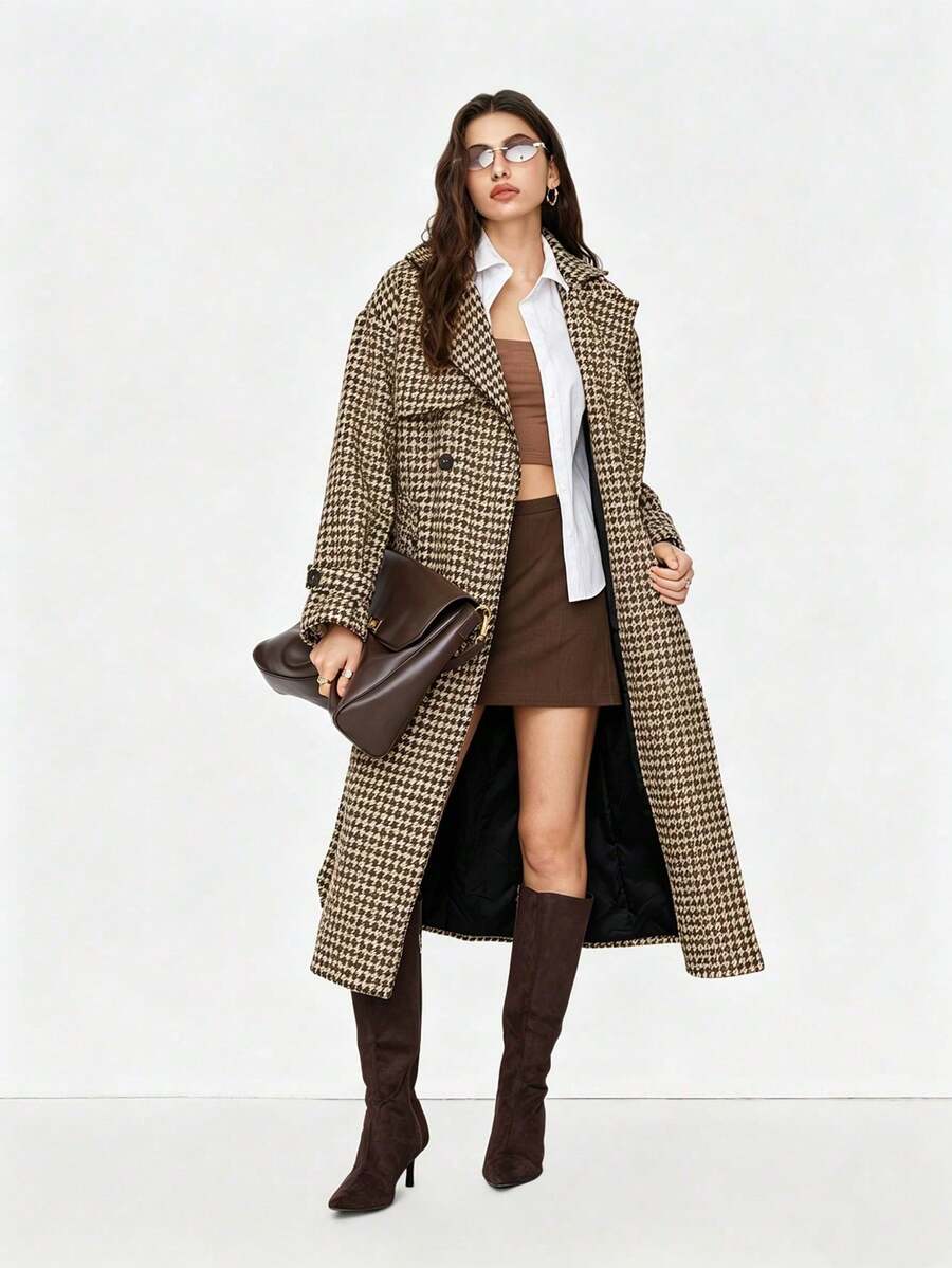 Women's New Autumn/Winter Mid-Length Wool Blend Houndstooth Coat - Khaki - View 1