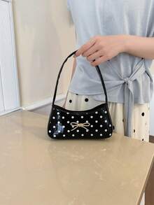 Schwarze Polka-Dot Achseltasche mit Schleife, Vintage-Schultertasche für Damen - Schwarz - Übersicht 4