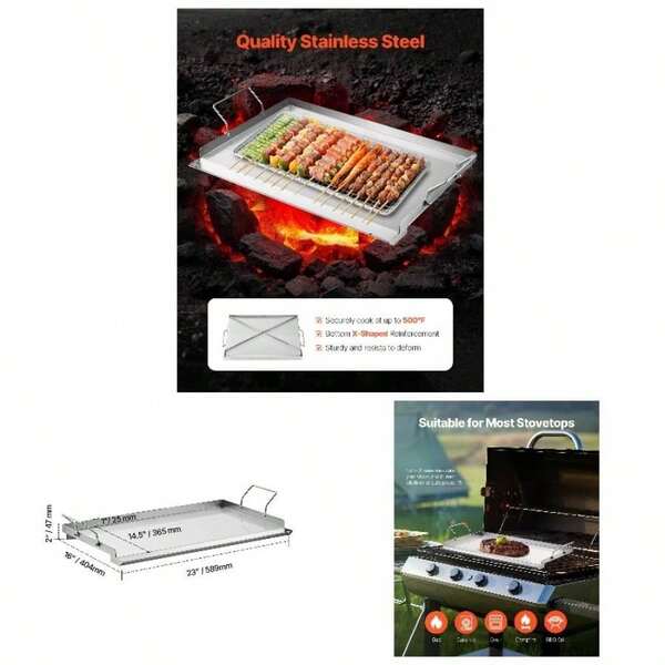 Stainless Steel Griddle, 23x16 Inch Universal Flat Top Rectangular Plate, Gas Grill Griddle BBQ Grill, Teppanyaki, Portable Family Cookware With Handle, Camping Tailgating Party