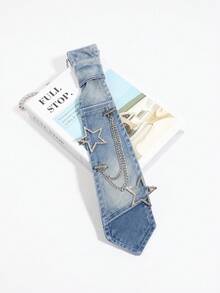 1PC Vintage Washed Light Blue Denim Tie With Rhinestone Star Chain, Y2K Millennium Hot Girl Shirt Decorative Mini Tie - Light Denim Stars - View 2