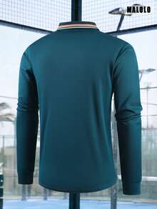 Men's Teal Long Sleeve Polo Shirt, Contrast Striped Collar, Regular Fit, Classic Casual Golf Work Everyday Basic Top - Teal Blue - View 4