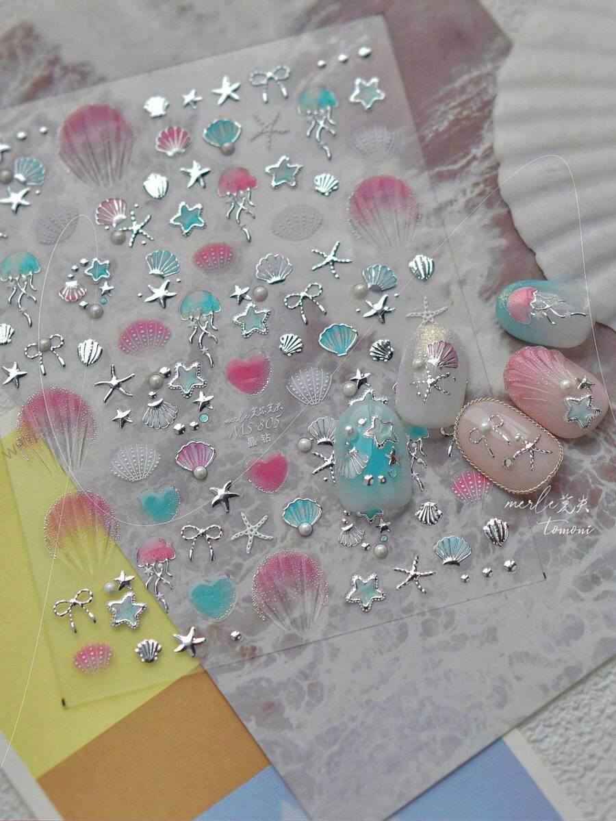 1件金屬金色美甲貼紙,5D水晶水鑽海洋生物與貝殼設計,優雅海洋風美甲裝飾配件,自黏式美甲貼紙 - 彩色 - 查看 1