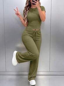 春夏秋女款新款圓領短袖T恤與休閒日常彈性腰鬆身長褲2件套，優雅穿搭 - 軍綠75 - 查看 2