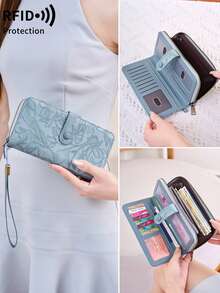 MIYIN Dompet Wanita dengan Perlindungan RFID, Resleting Melingkar, Kapasitas Besar, Dompet Panjang, Tempat Kartu Kredit dengan Tali Pergelangan Tangan, Motif Bunga Elegan, Dompet Genggam untuk Kerja - MultiWarna - View 8