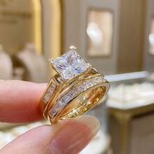 2pcs Luxury Gold Princess Cut Cubic Zirconia Ring Set, Fully Pave Stackable Wedding & Engagement Rings, Bridal Jewelry Gift For Women, Valentine's Day Present - Gold - View 7