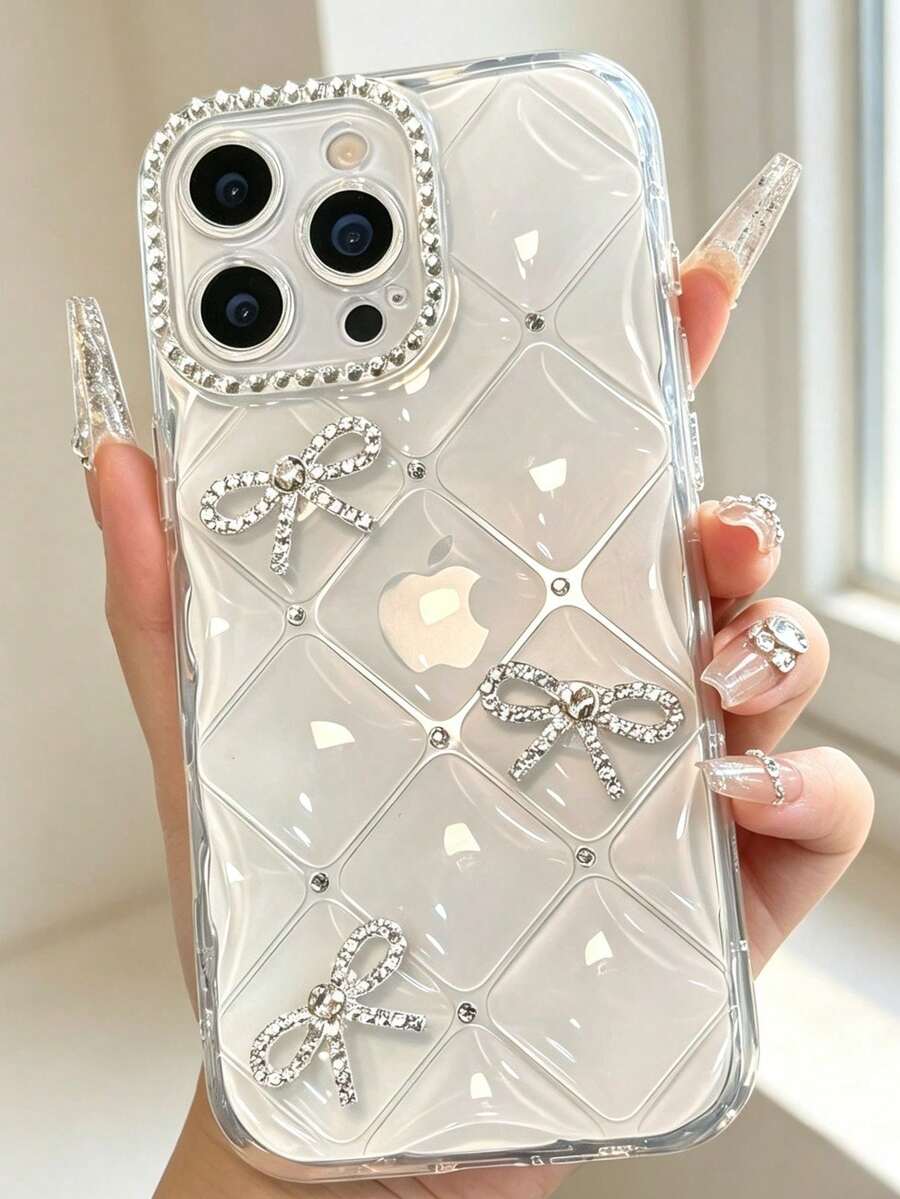 Luxury Bow Rhinestone Embellished Transparent Diamond Pattern Phone Case With Rhinestone Embellished Camera Lens Protector Compatible With IPhone - Clear - View 1