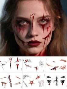 6 Sheets Waterproof Halloween Scary Temporary Face Tattoos Zombie Fake Wound Scar Spider Web Clown Horror Tattoo Makeup Stickers For Cosplay Festival Prank Party Accessories - Multicolor - View 9