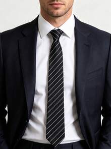 1件男士手工製黑色配白色斜條紋領帶，正式西裝搭配條紋領帶，商務男士領帶，職場婚禮領帶，專業正式配件 - 黑色 - 查看 1
