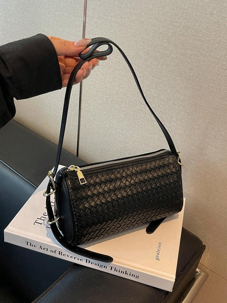 Autumn/Winter Vintage Small Woven Boston Bag For Women - Black - View 1