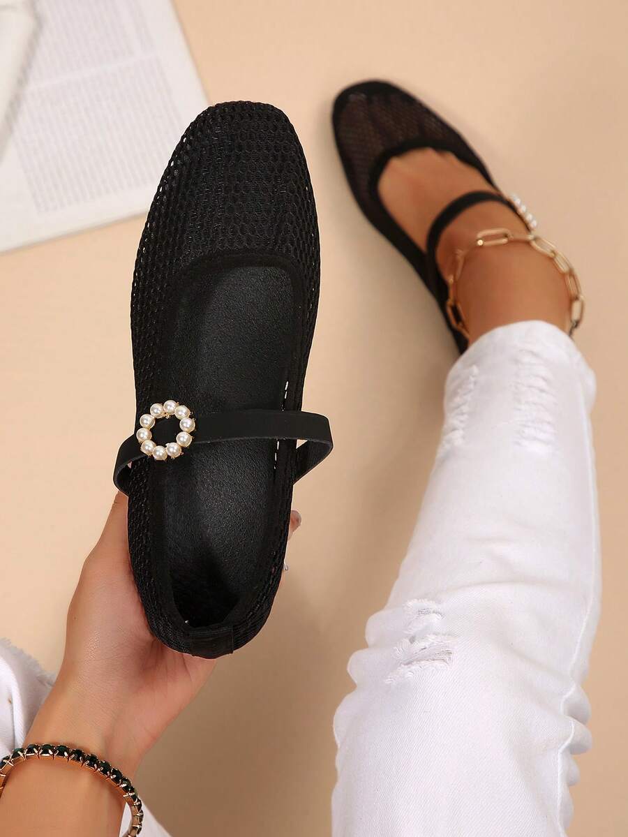 Sapatos Mary Jane Planos de Bico Quadrado com Malha Oca Preta, Fivela de Pérola, Tira Única, Respiráveis, Mocassins para Uso Diário e Deslocamento - Preto - Visão 1