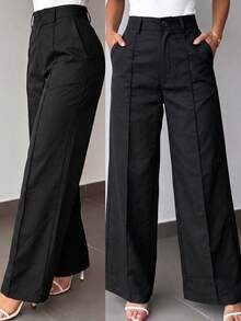 Kayi Solid Color Button Zipper Pocket Waist-Cinching Suit Fabric Plus Size Navy Blue Long Pants, Women Teacher's Clothing Black - Black - View 1