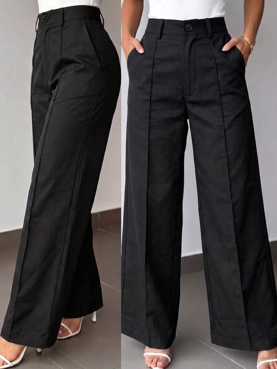 Kayi Solid Color Button Zipper Pocket Waist-Cinching Suit Fabric Plus Size Navy Blue Long Pants, Women Teacher's Clothing Black - Black - View 1