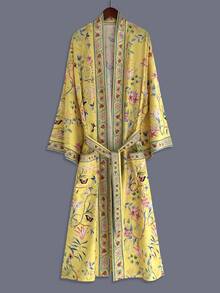 Bohemian Contrast Floral Print Mid-Length Long Sleeve Kimono Cover Up Thin Jacket Women's Elegant Casual Cover-Up Beach Travel Vacation Haori Fall - Yellow - View 1