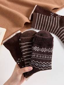 3 Pares de Meias Marrons Estilo Vintage Quentes para Mulheres, Cano Médio, Macias e Confortáveis, Adequadas para Outono/Inverno - Café - Visão 1