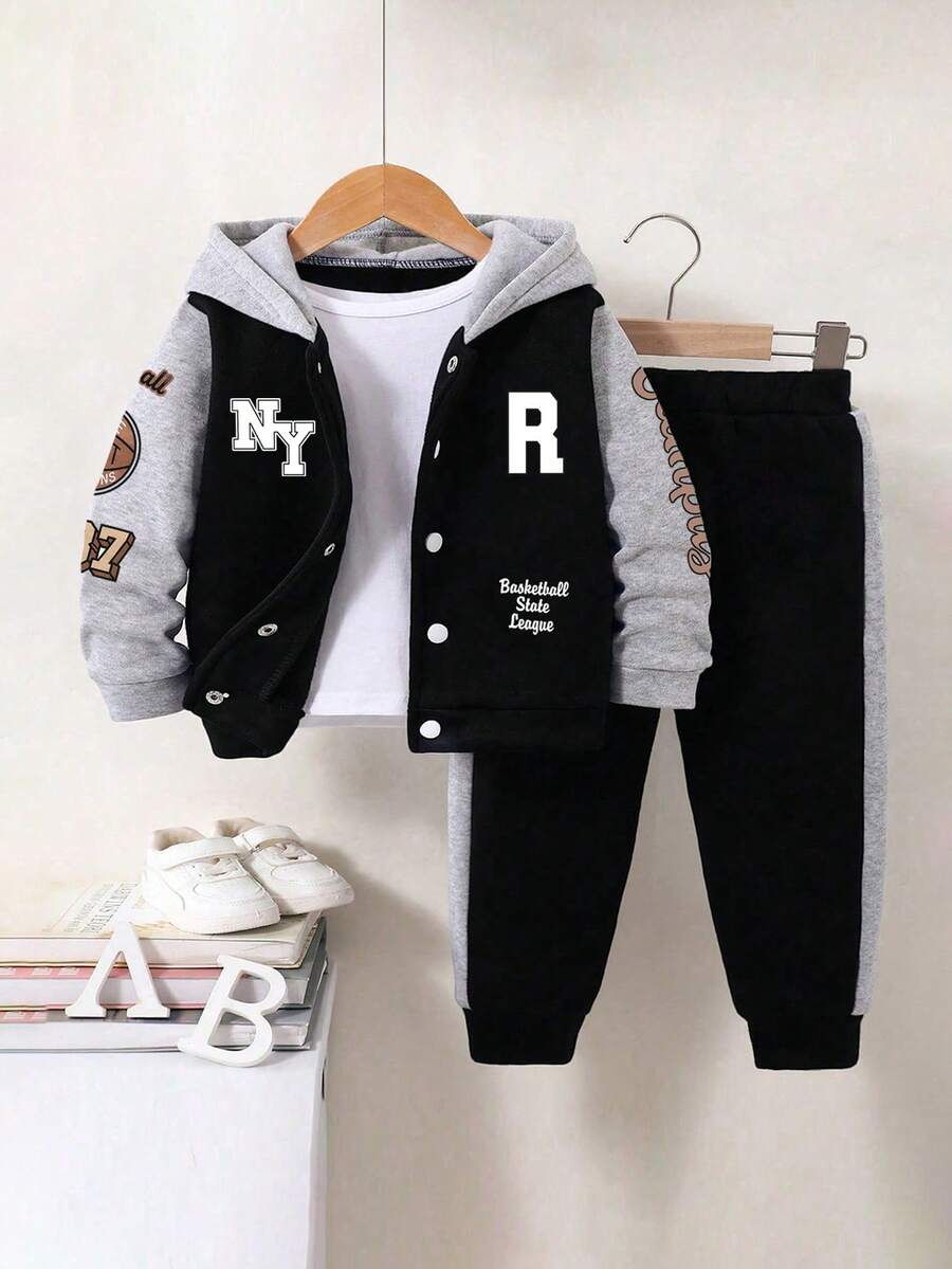 Young Boy Letter Print Colorblock Hoodie Jacket And Pants Casual Set - Black - View 1