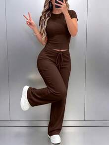 春夏秋女款新款圓領短袖T恤與休閒日常彈性腰鬆身長褲2件套，優雅穿搭 - 棕色79 - 查看 2