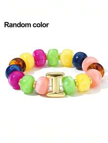 1pc Women's Rainbow Letter Beaded Bracelet, Colorful Resin Large Bead Elastic Bangle, A-Z English Letter Personalized Design, Stackable Fashion Accessory, Suitable For Daily Wear And Gifting - Multicolor - View 16