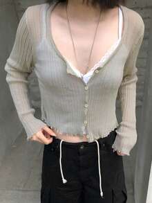 Casual Versatile Solid Color Knit Long Sleeve Cardigan Fall - Gray-green - View 3