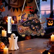 Halloween Diamant Malerei Fensterszene Bild, Schwarze Katze Diamant Malerei Anhänger mit Kette, Diamant Malerei Kristall Fensterszene Bild Wandbehang Set für Eingang Fenster Dekoration - Übersicht 5