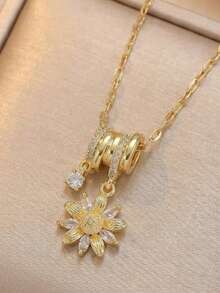 Women's Travel Theme Charm Necklace Set, Gold-Plated Daisy, Globe, Airplane And Hamsa Hand Pendant, Delicate Collarbone Chain, Fashionable Jewelry Gift - Gold - View 8