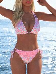 Spring/Summer New Leopard Print Bikini Set, Halter Tie Design, Beach Vacation, Date, Party - Multicolor - View 3
