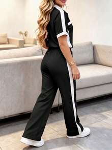 Spring/Autumn Women's New Casual Fashion Commuter Set, Loose Patchwork Contrast Color Short Sleeve Jacket Top + Striped Contrast Color Elegant Summer - Black 1 - View 7