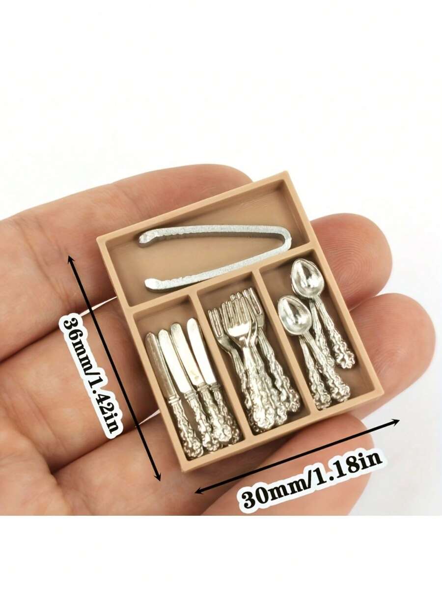 14PCS/Set Mini Tableware Set With Storage Box - Realistic Plastic Tableware And Cutlery, Suitable For Dollhouse, Cafe Or Home Decor, Includes Forks, Knives, Spoons, DIY Theme Restaurant Display