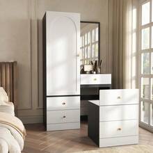 Multifunctional Vanity And Wardrobe Combination With Pull-Out Stool, Full-Length Mirror, Divided Drawers For Makeup, Bedroom Storage Cabinet Made Of MDF, Round Iron Handles - Black,White - View 4