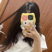 SANRIO 1pc Yellow Cartoon Hello Kitty Flower & Butterfly Full Coverage Silicone 3D Soft Shockproof Phone Case Suitable For IPhone13/14/15/16/PROMAX, Color As Shown - Pink - View 3