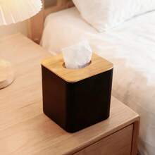 KALEKAIL, Black Tissue Box Cover,Tissue Holder, Black And Bamboo Lid, Cube Decorative Tissue Box Holder For Bathrooms - ColorA - View 3