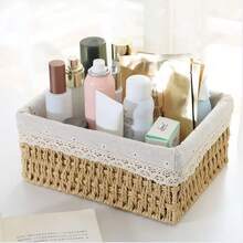Caja de almacenamiento de ratán tejida, Cesta de almacenamiento tejida, Caja organizadora de paja tejida, Caja de almacenamiento para entrada, sala de estar, mesa de café, llaves, aperitivos, juguetes, artículos diversos, cosméticos, Cesta de almacenamiento multiusos adecuada para baño, dormitorio, sala de estar, Cesta de regalo decorativa - Caqui - Ver 1