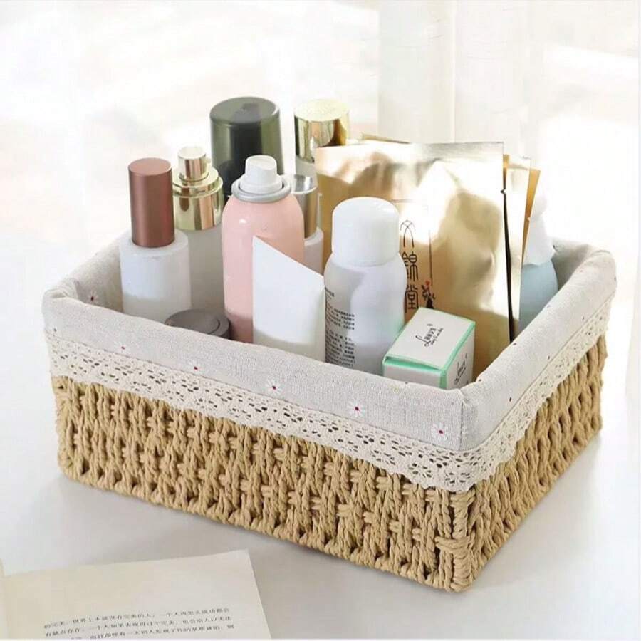 Caja de almacenamiento de ratán tejida, Cesta de almacenamiento tejida, Caja organizadora de paja tejida, Caja de almacenamiento para entrada, sala de estar, mesa de café, llaves, aperitivos, juguetes, artículos diversos, cosméticos, Cesta de almacenamiento multiusos adecuada para baño, dormitorio, sala de estar, Cesta de regalo decorativa - Caqui - Ver 1