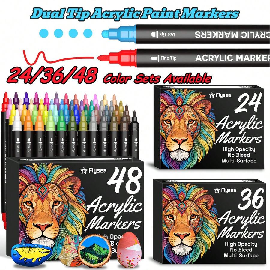 Flysea Dual-Tip Acrylic Paint Marker Set, 24pcs/36pcs/48pcs, 24 Colors/36 Colors/48 Colors, Suitable For Wood, Canvas, Stone, Rock Painting, Glass And Ceramic Surfaces, DIY Craft Art Supplies And Back To School Essential Stationery - Sets - View 1