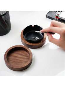 Walnut Desktop Ashtray With Stainless Steel Windproof Lid, Gift Office/Home Decor Smoking Accessories (Wood Shell, Slight Texture/Color Difference From Picture, Normal Use) Portable Decorative Ashtray For Outdoor Indoor Parties - One Size - View 4