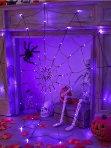 1pc Halloween Spider Web Light, Orange/Purple Realistic Spider Web Hanging Light, 70leds With Spider, Battery Operated, 8 Lighting Modes, Halloween Indoor Living Room Bedroom Wall Decoration Hanging Light, Yard And Porch Decoration, Create Halloween Party Spooky Atmosphere Decoration. - Multicolor - View 10