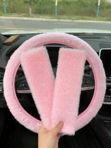 3pcs Car Plush Steering Wheel Cover And Shoulder Protector Set, 3 PiecesCombination, Suitable For Spring, Autumn And Winter Use. - A - View 4