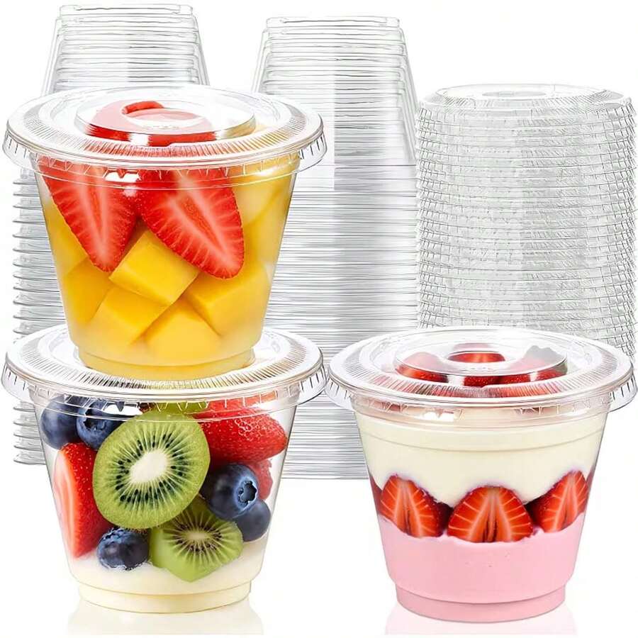1-100pcs 9oz Personalized Cups With Lids, Reusable And Washable Thick Transparent Cups, Suitable For Ice Cream, Cake, Snacks, Fruit, Cold Drinks, Smoothies, Pudding, Salad, Ideal For Home, Restaurant, Beverage Shop, Coffee, Outdoor Party, Halloween, Christmas - Transparent - View 1