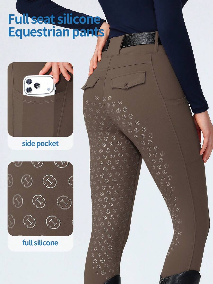 ROYALS MATTINI Women's Solid Horse Riding Pants Tight Fit Silicone Anti-Slip With Pockets High Waist Butt-Lifting Full Silicone Grip Practical Pockets Sports Fall - Coffee Brown - View 1