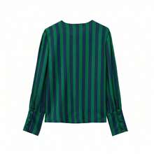 Women's Minimalist Striped Long Sleeve Shirt, Front Button Casual Top, Suitable For Spring/Summer - Dark Green - View 5