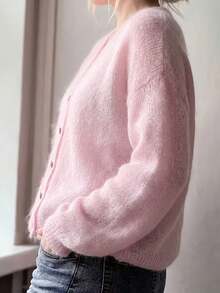 Women's Deep V-Neck Mohair Knit Cardigan, Loose Hollow-Out Soft Semi-Sheer Solid Color Versatile Top Vacation - Pink - View 3