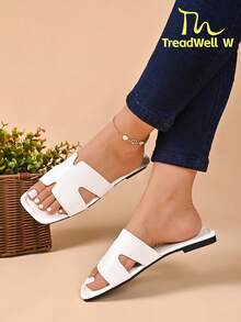 ThreadWell W 2026 Summer New Fashion Essential Flat Slide Sandals, Double Cross Cut-Out Wide Strap Open Toe Square Toe Contrast Stitching Soft PU Slip-On Ultra Lightweight Casual Style Suitable For Outdoor Beach Stroll Vacation Daily Commute - White - View 8