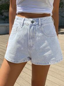 Teen Girl's Washed Denim Shorts, Simple Versatile Style With Built-In Elastic Waistband, Flattering For All Body Types, Suitable For Daily Wear Or School - Baby Blue - View 2