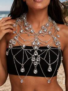 1pc Nightclub Bling Tassel Rhinestone Bra, Summer Beach Party Fashion Bikini Crystal Chest Chain - Silver - View 2