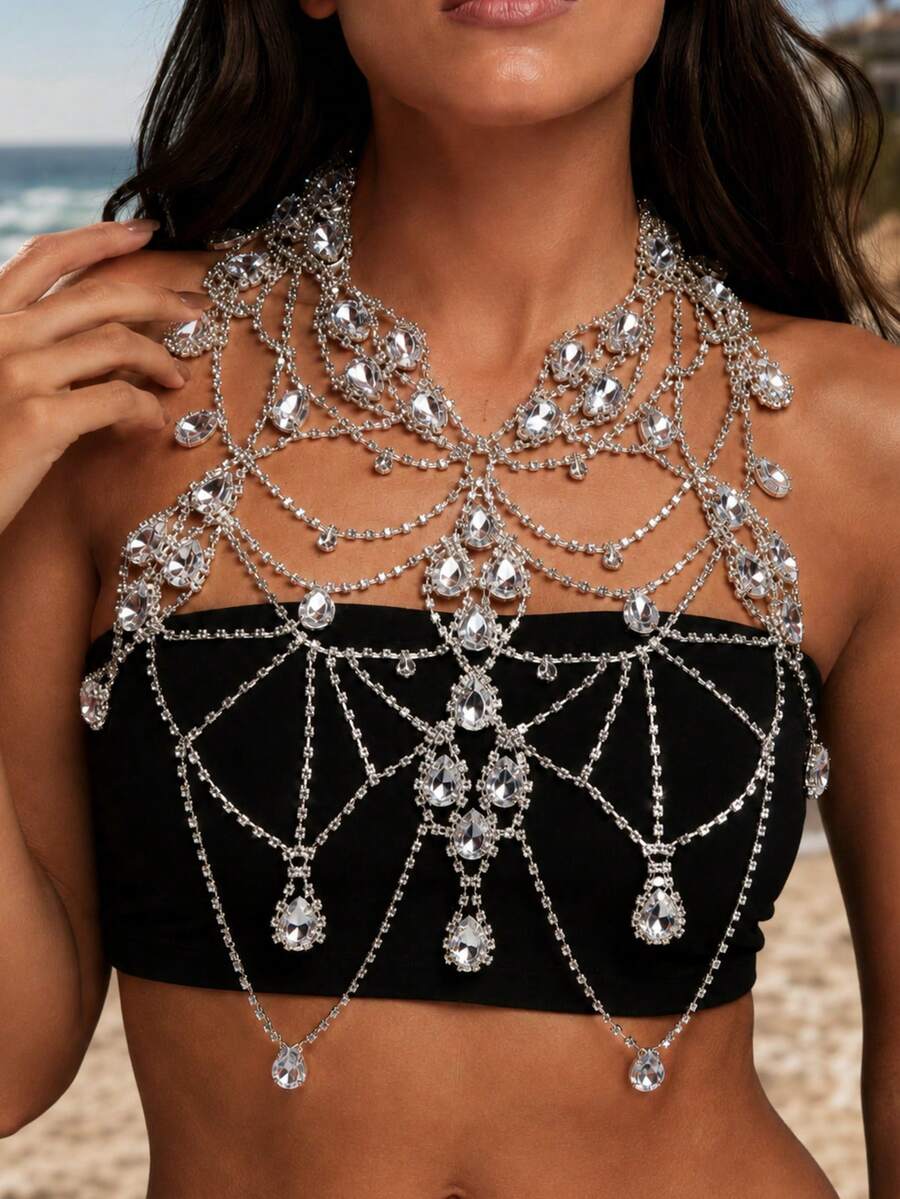 1pc Nightclub Bling Tassel Rhinestone Bra, Summer Beach Party Fashion Bikini Crystal Chest Chain